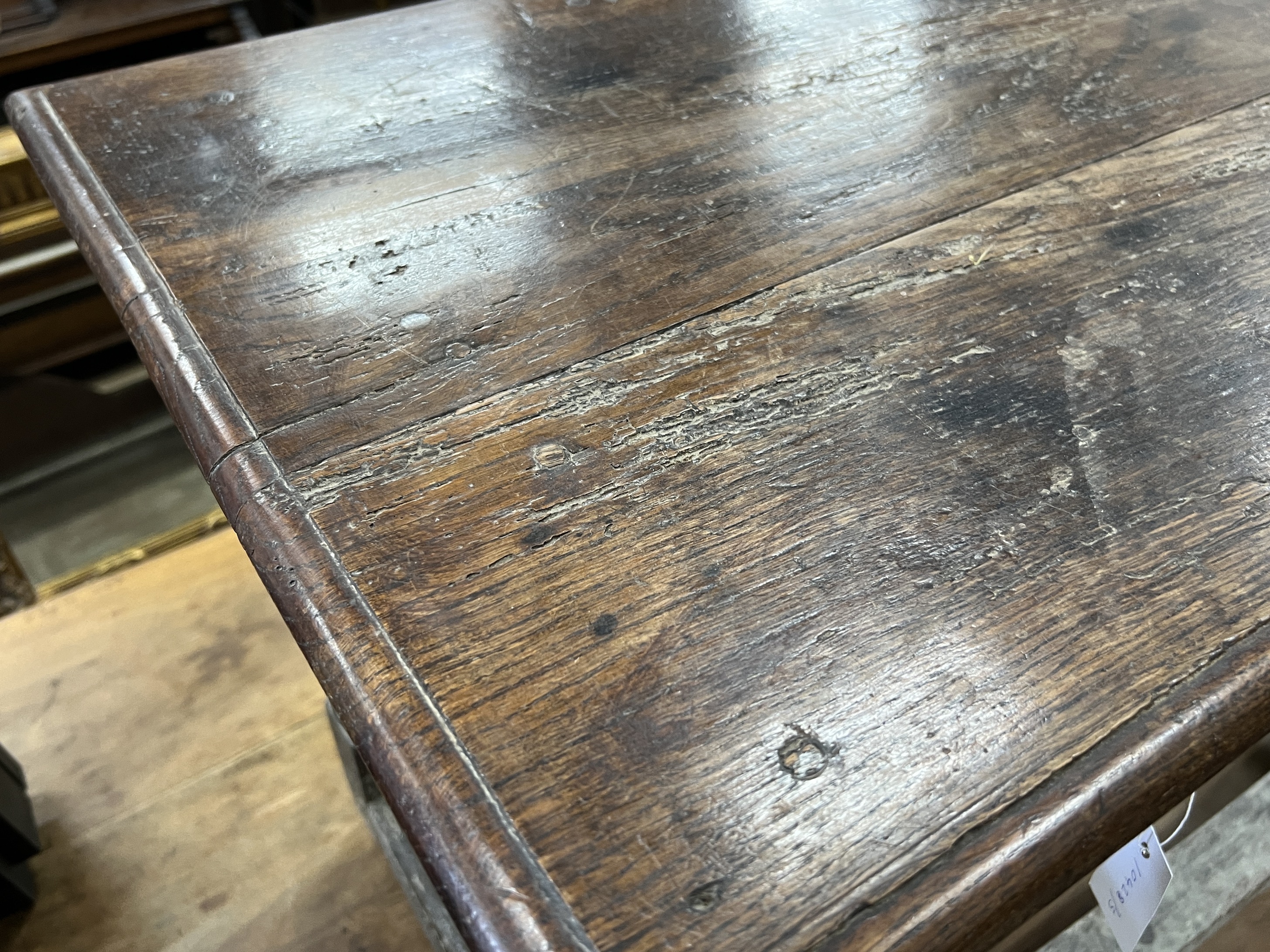 A 17th century rectangular oak side table, with frieze drawer, width 88cm, depth 52cm, height 67cm